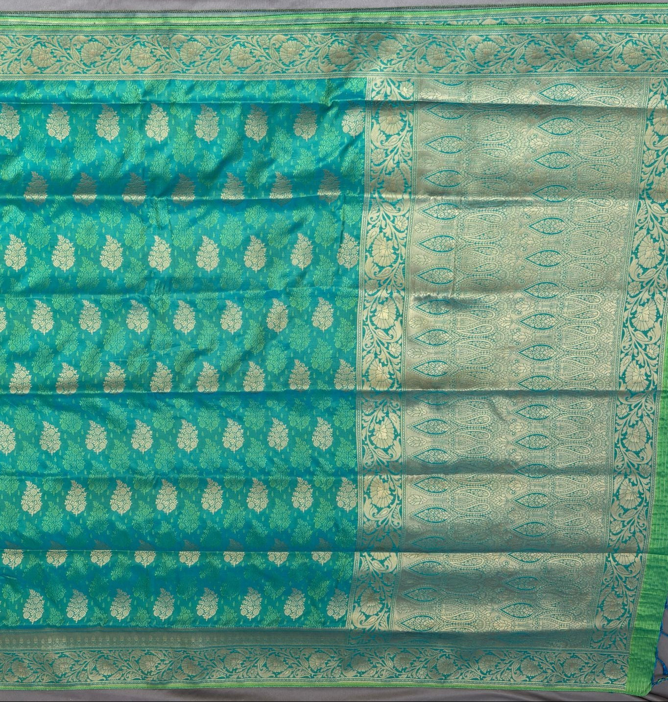 Blue- Green ethnic Leaf motif Soft Silk Saree