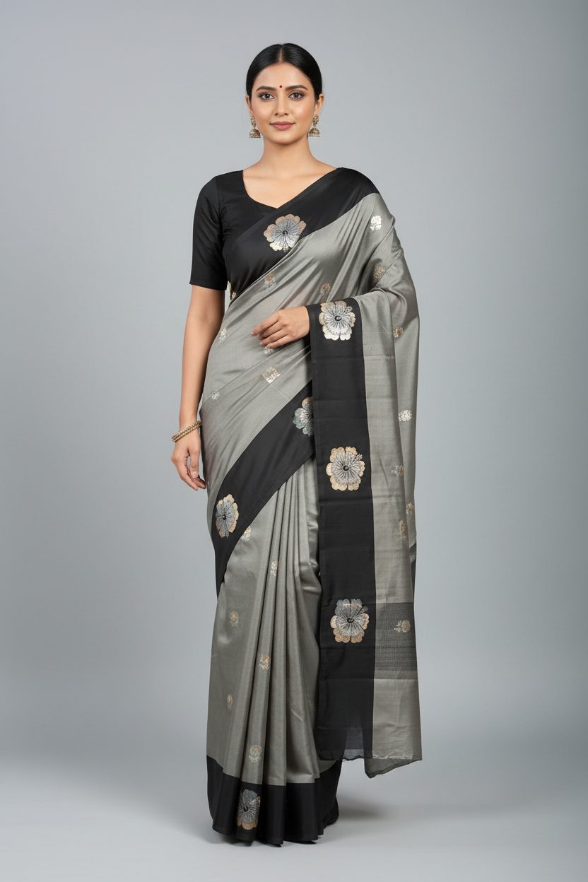 Grey floral Motif Semi Soft Silk Saree