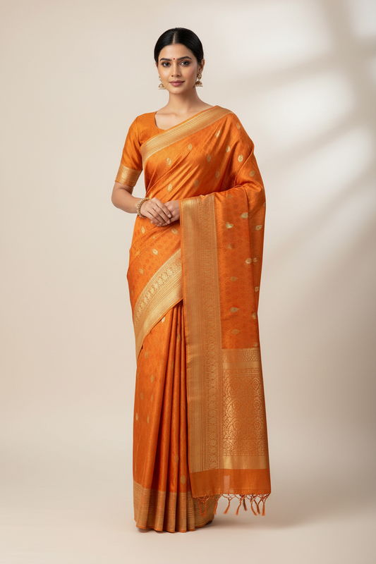 Orange bird motif Silk Saree