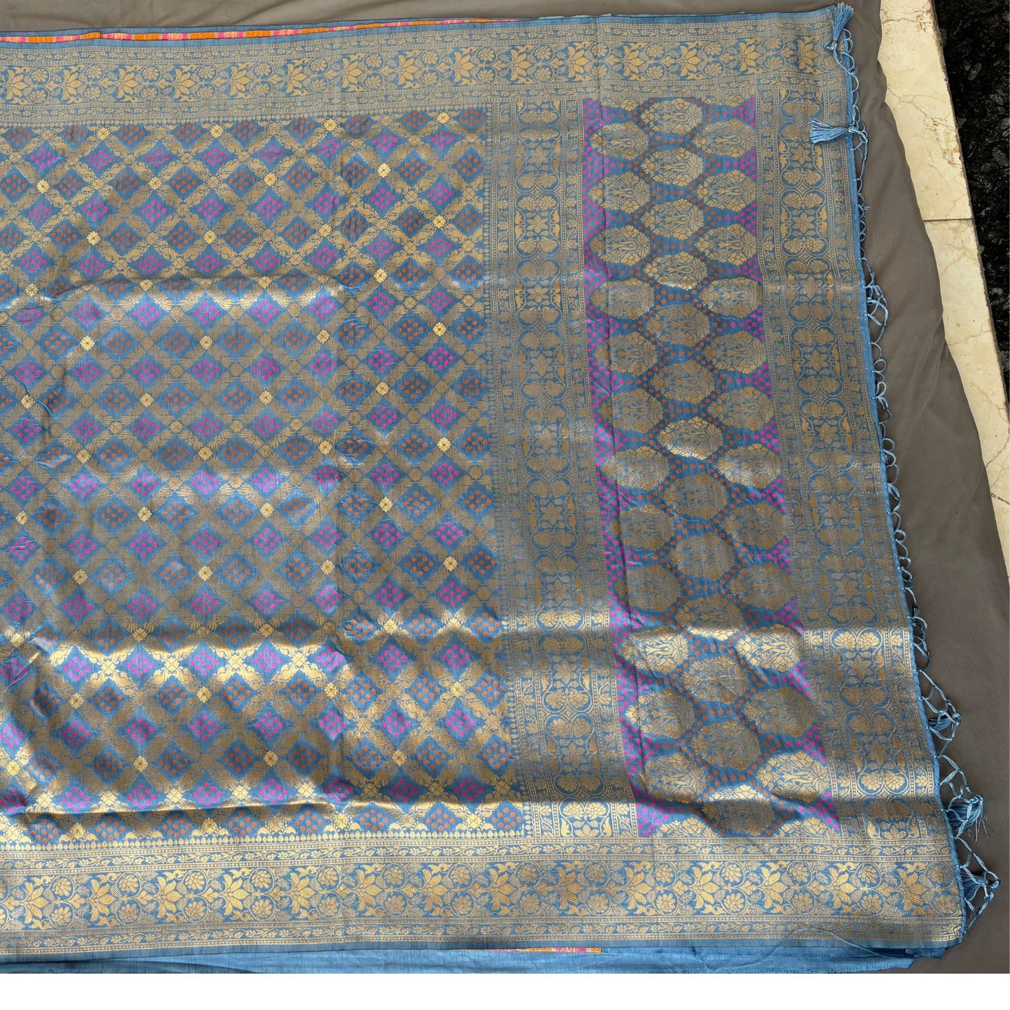 Blue Checked benarasi soft silk saree