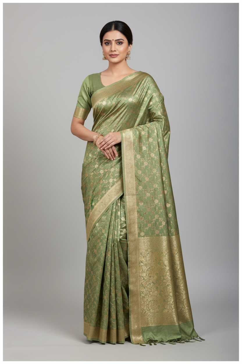 Green Rich Sheen Big Floral jal Silk Saree