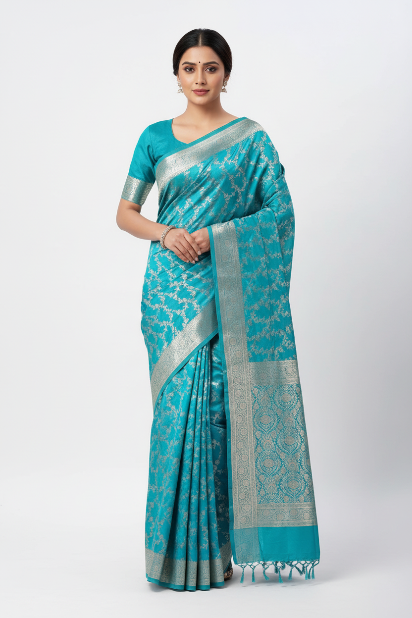 Sky Blue Rich Shine Floral Jal Silk Saree