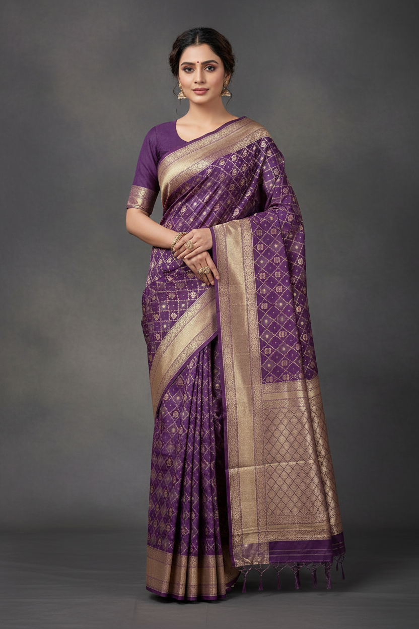 Violet Checks Soft Silk Saree