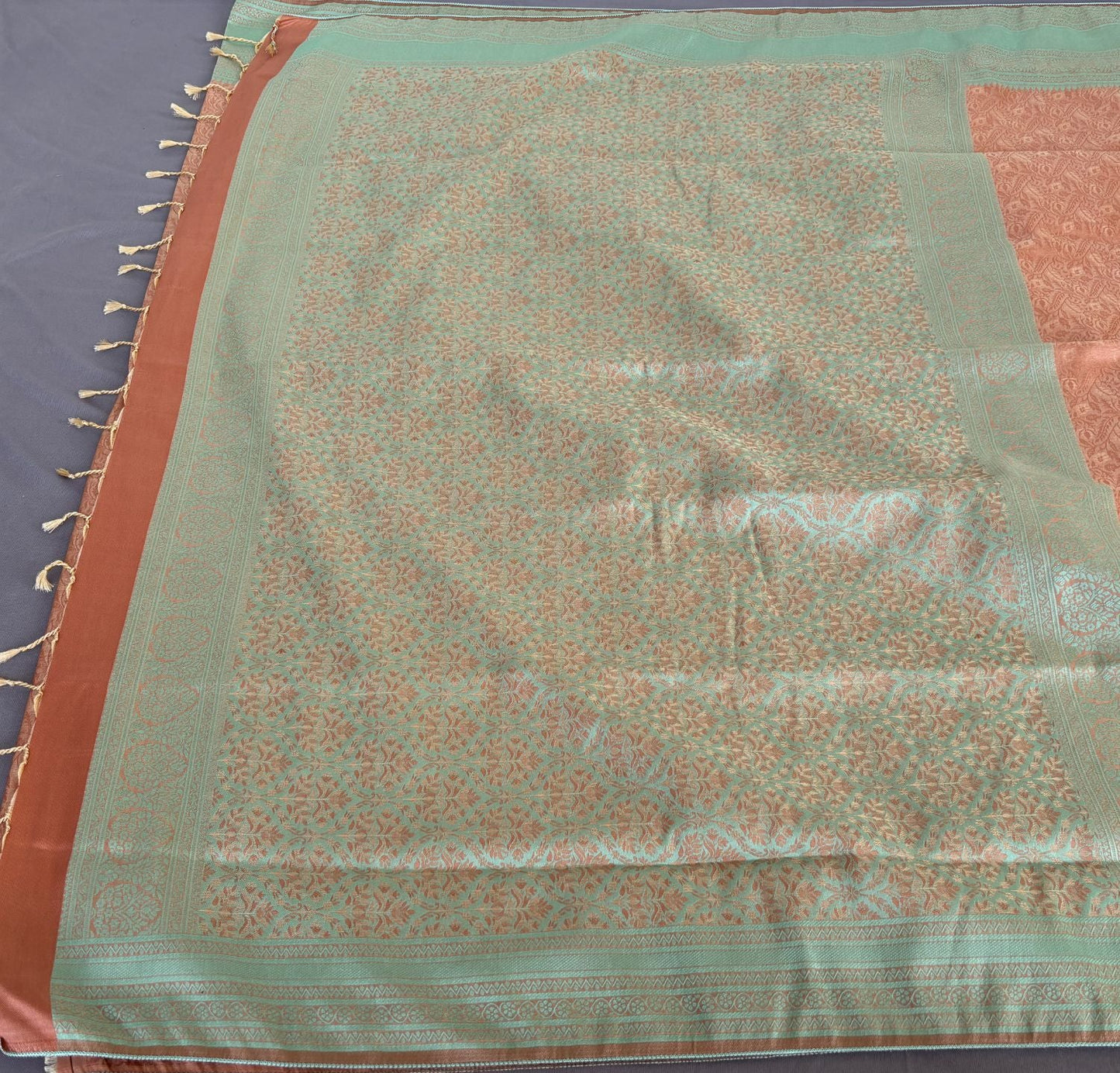 Onion Brown and Pista Green floral jal Soft Silk Saree