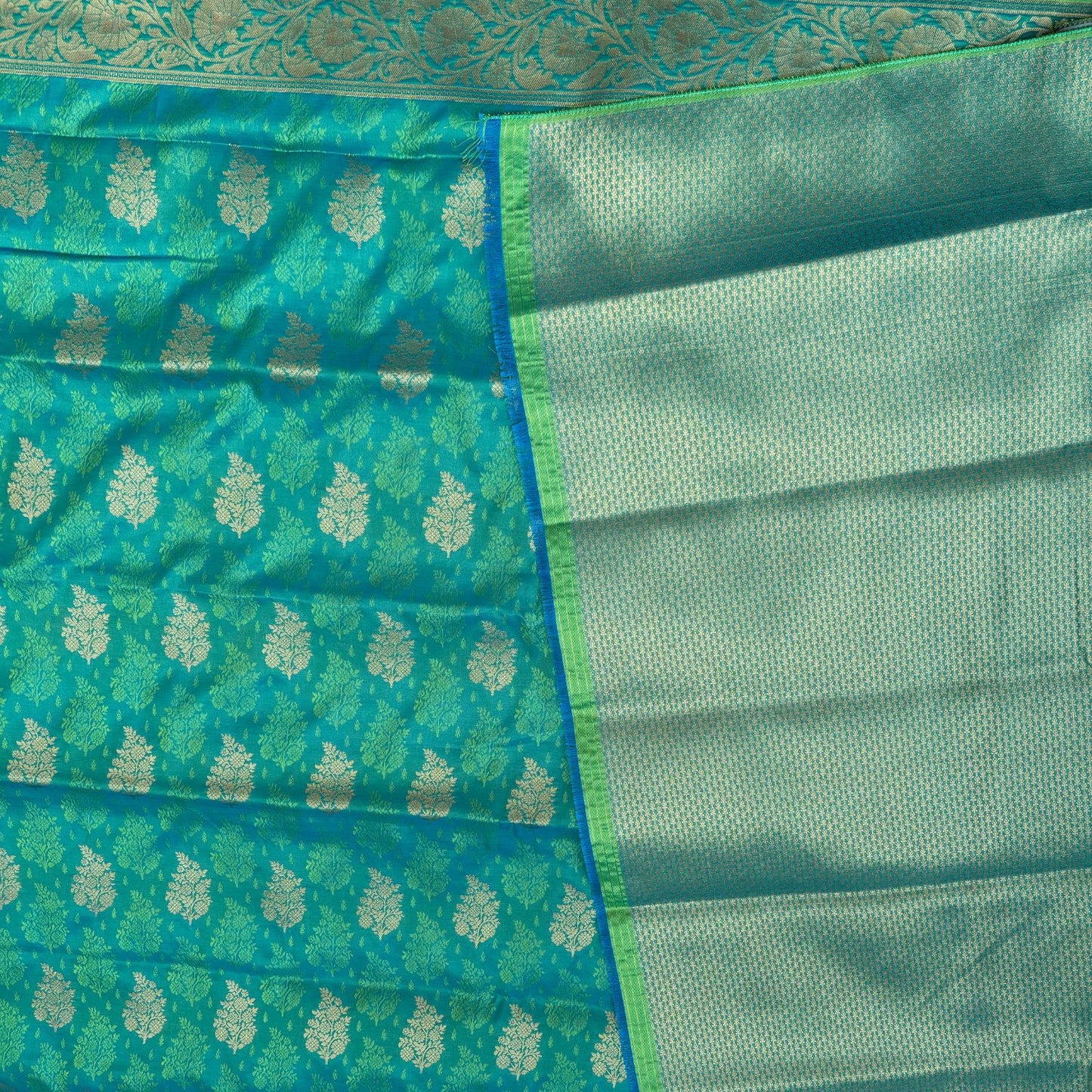 Blue- Green ethnic Leaf motif Soft Silk Saree