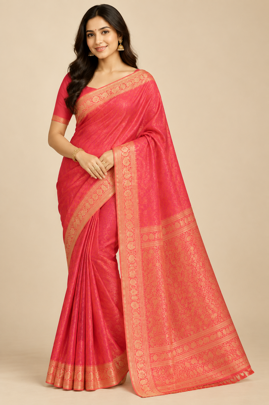 Pink-Orange Floral jal Soft Silk Saree