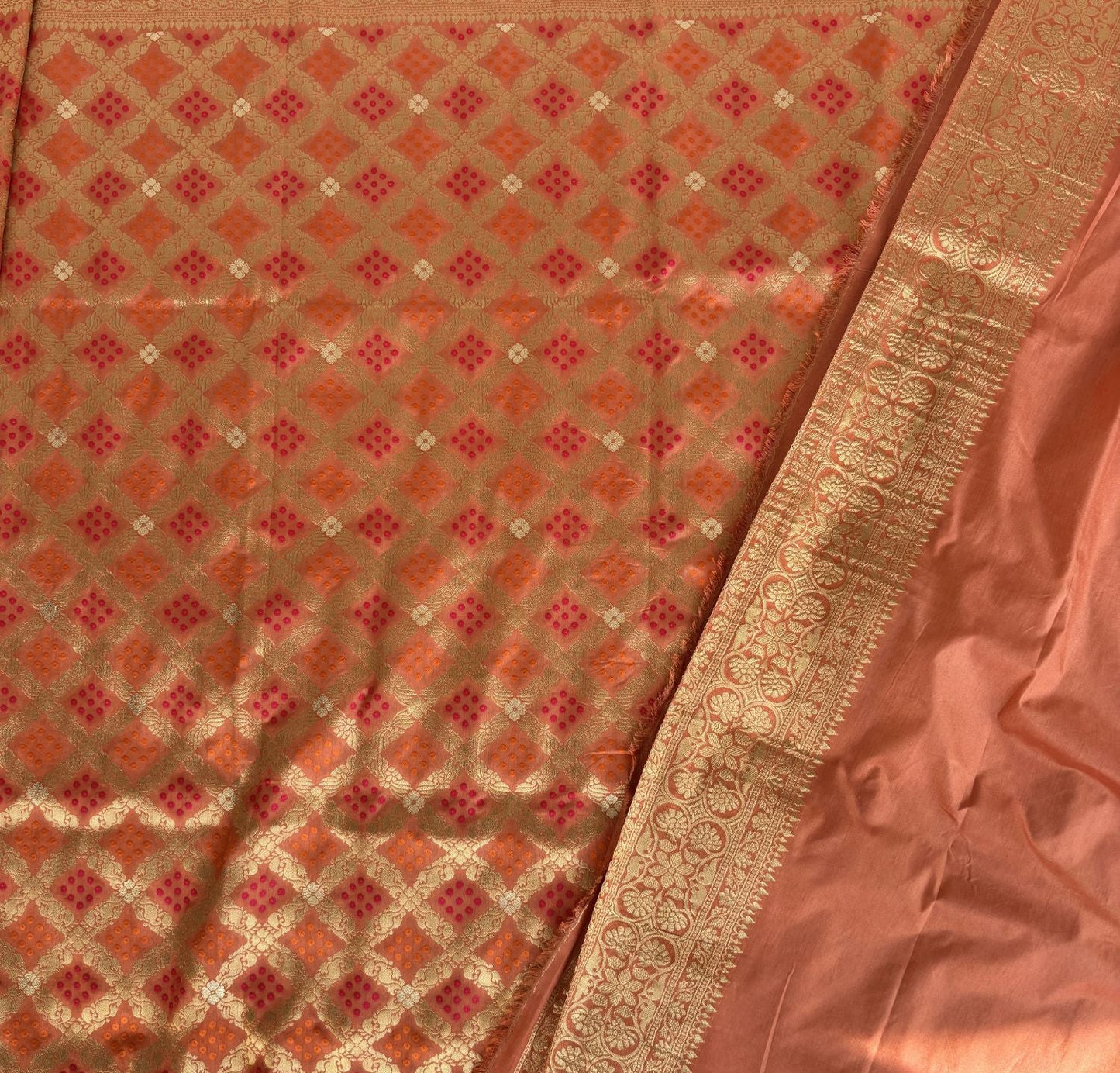 Orange Checked benarasi soft silk saree