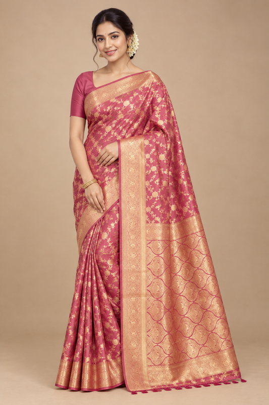 Onion Brown Rich Sheen Bold Floral jal Silk Saree