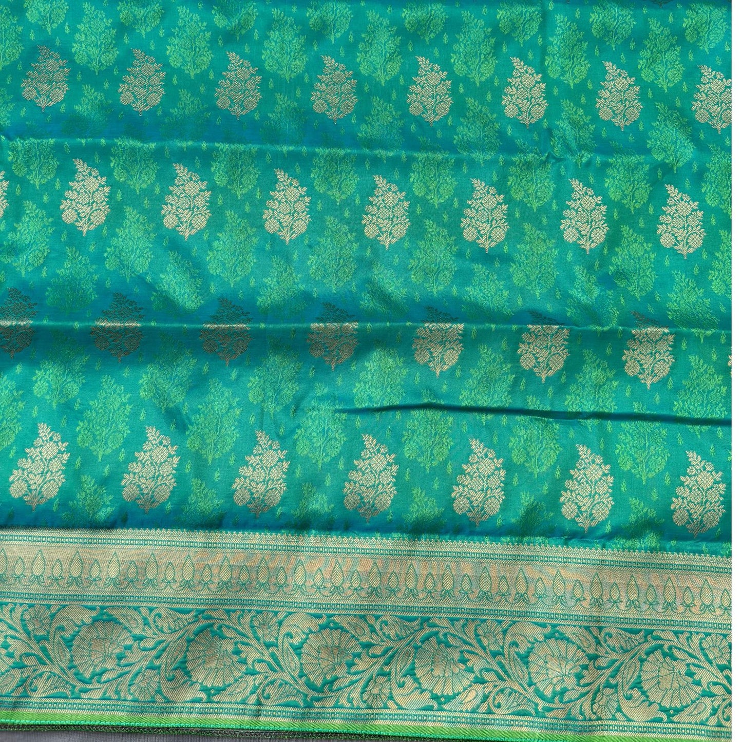 Blue- Green ethnic Leaf motif Soft Silk Saree