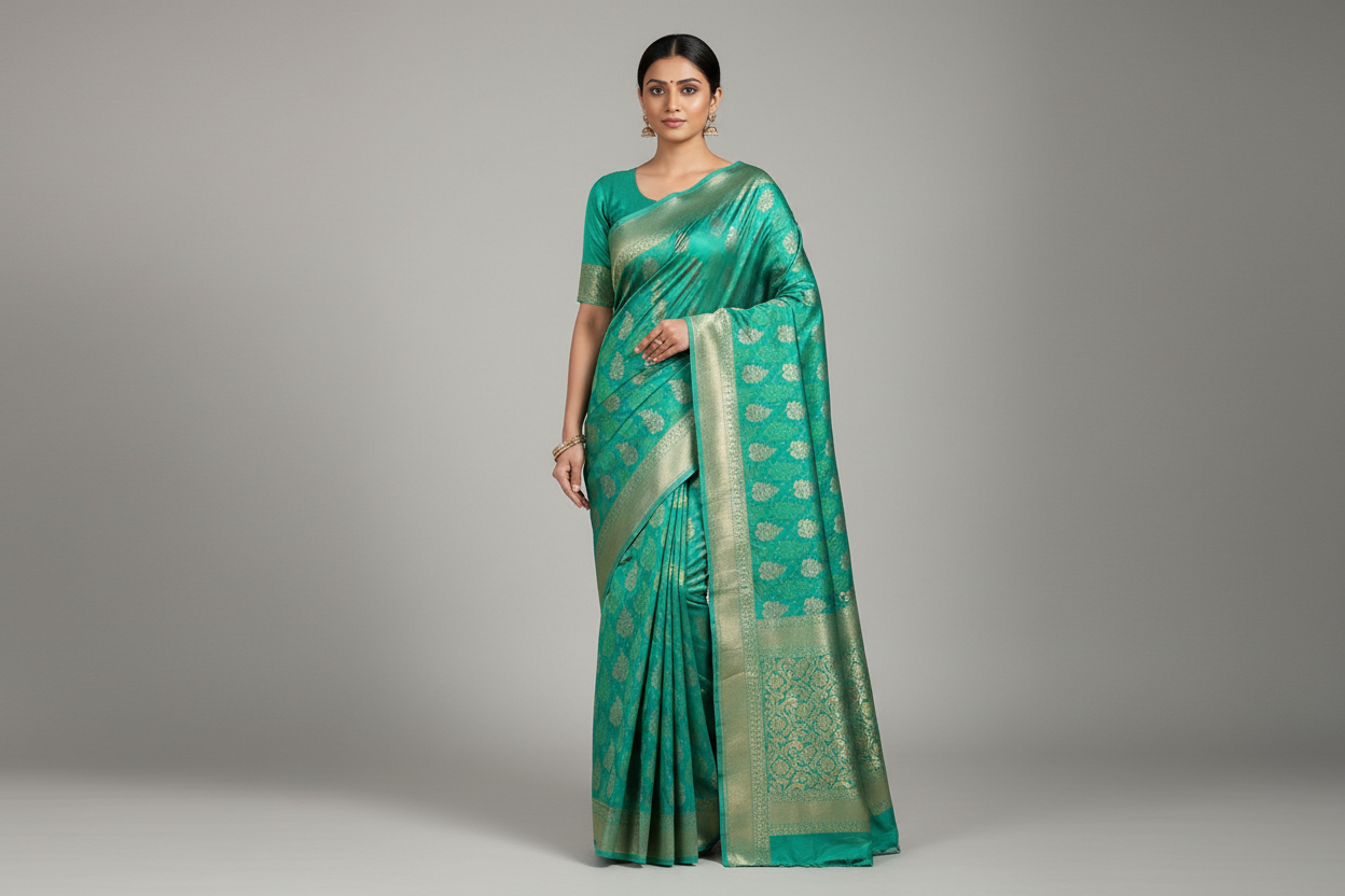 Blue- Green ethnic Leaf motif Soft Silk Saree