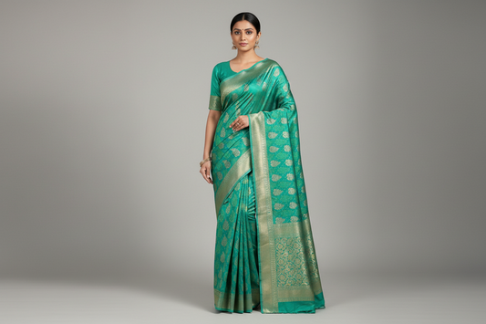 Blue- Green ethnic Leaf motif Soft Silk Saree