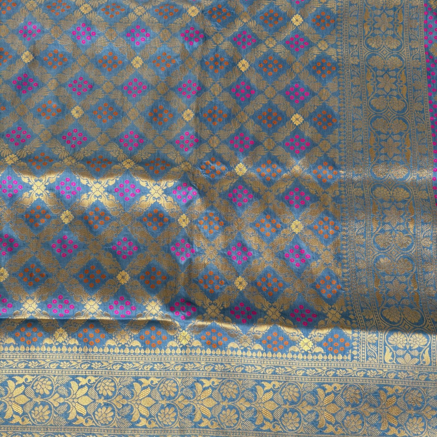 Blue Checked benarasi soft silk saree