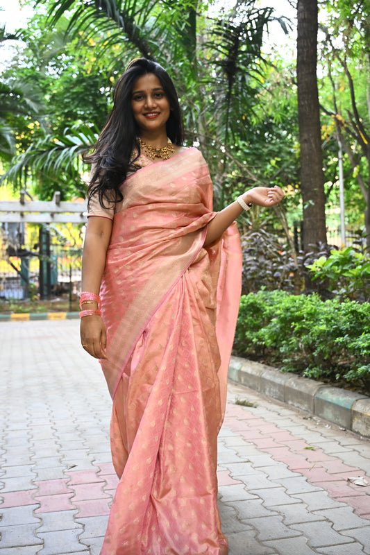 Baby pink small ethnic motif Soft Silk  Saree