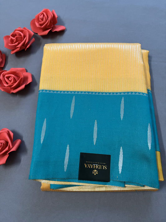 yellow Checked Kanjeevaram Silk Saree