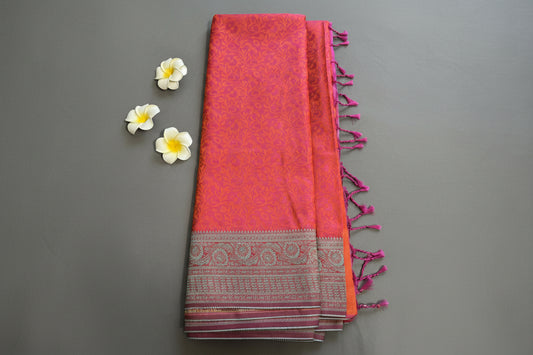 pink orange floral jal Soft Silk  Saree