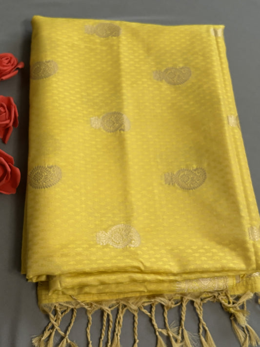 Lemon yellow ethnic motif Soft Silk  Saree