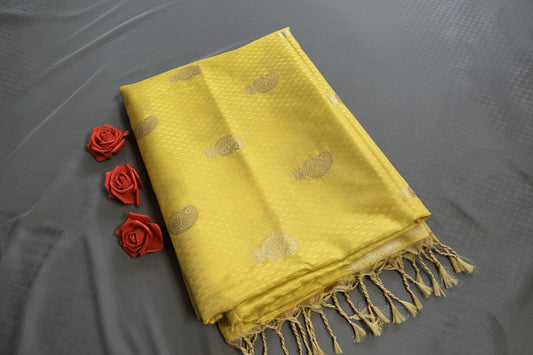 Lemon yellow ethnic motif Soft Silk  Saree