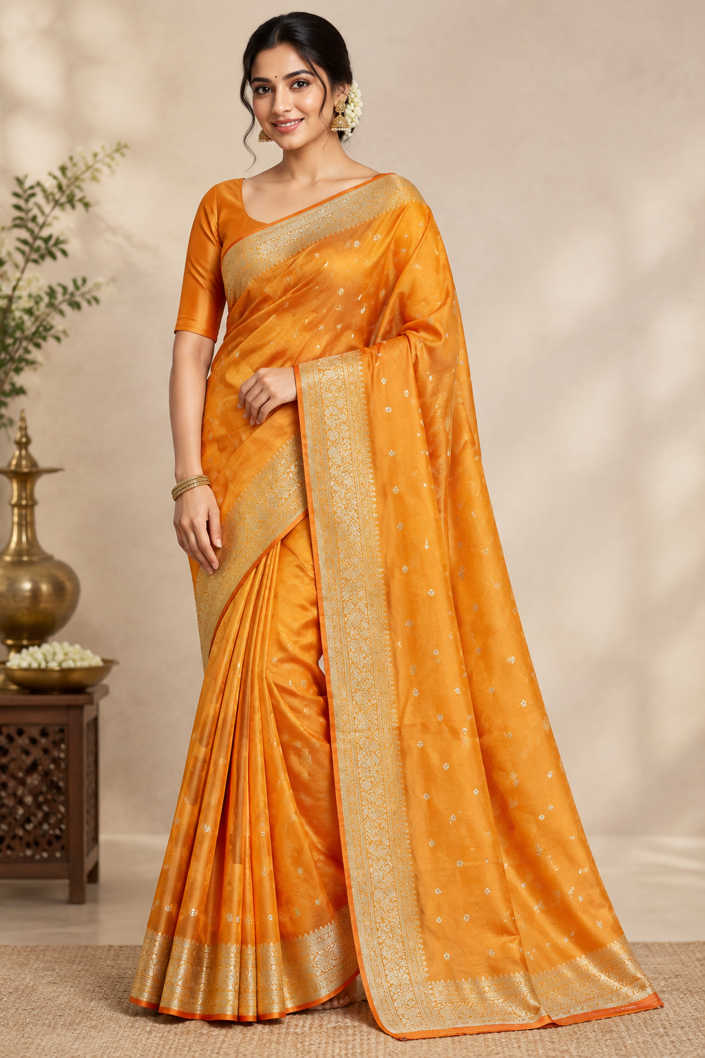 Orange Kora Silk Saree
