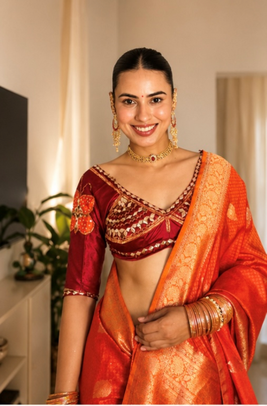 Orange ethnic motif Soft Silk Saree