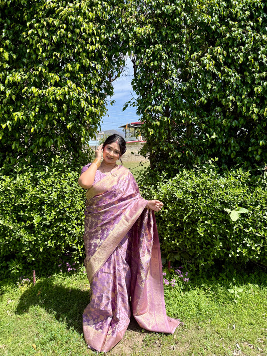 Lilac Rich Sheen Big Floral jal Silk Saree